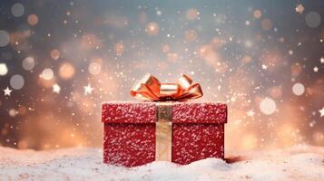 AI generated Gift box on snow with bokeh background. Christmas or New Year concept. photo