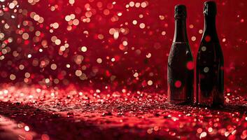AI generated bottle of champagne on a red background with bokeh lights photo