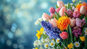 ai generado ramo de flores de primavera flores y Pascua de Resurrección huevos en bokeh antecedentes foto