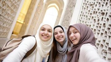 ai generado retrato de Tres hermosa musulmán mujer tomando selfie foto