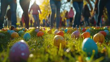 ai generado Pascua de Resurrección huevos dispersado en iluminado por el sol césped con personas en antecedentes foto