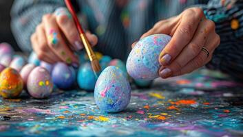 AI generated Closeup of hands painting colorful Easter eggs photo