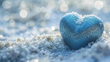 ai generado azul corazón en el nieve con bokeh antecedentes. san valentin día concepto. foto