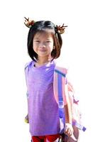 Happy Child Girl wearing reindeer hairpin and carrying backpack, ready for festive school day, Isolated White Background. Smiling Asian Kid with Brown Reindeer Hairband to get into Christmas festival. photo