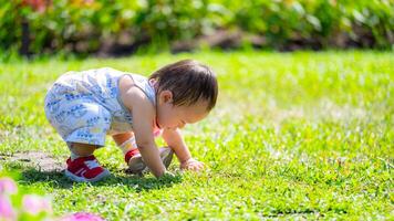 curioso bebé explorador el césped al aire libre. un joven bebé en un juguetón romper y rojo Zapatos es doblar encima, conmovedor el césped, explorador el texturas y colores de naturaleza en un soleado día. niño 1 año. foto