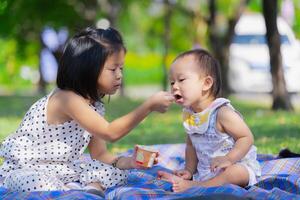 hermanos comiendo hielo crema, más viejo hermana alimentación hielo crema a mas joven hermano, picnic a un público parque en un bonito día, verano o primavera. familia amor y tomar cuidado concepto. foto