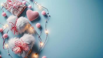 AI generated Valentine's day background with gift box, hearts and lights on blue background photo