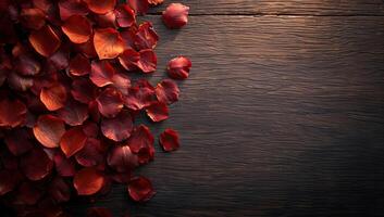 AI generated Red rose petals on wooden background. Top view with copy space photo