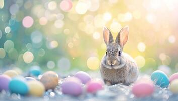 AI generated Easter bunny and colorful eggs on bokeh background, Happy Easter concept photo