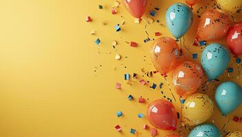 AI generated Colorful balloons and confetti on yellow background photo