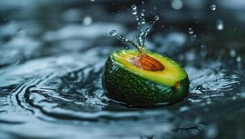 AI generated Avocado falling into the water with splashes and drops of water photo