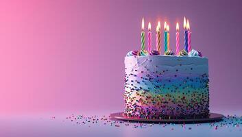 AI generated A colorful birthday cake with lit candles against a pink background photo