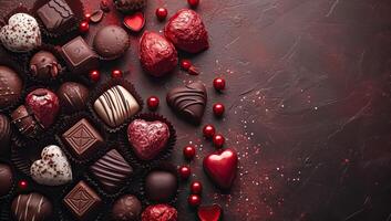 AI generated Chocolate candies with red hearts on dark background. Top view with copy space photo