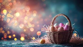 AI generated Colorful easter eggs in basket on rustic background with bokeh lights photo