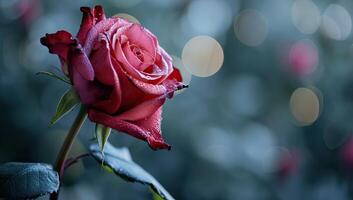 AI generated red rose with dew drops on a bokeh background photo