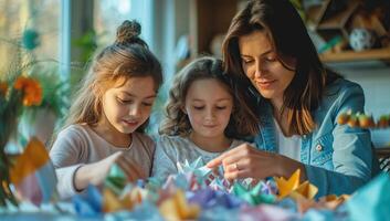 AI generated Mother and daughters making origami at home. Motherhood concept. photo