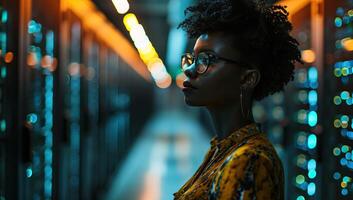 AI generated african american woman with afro hairstyle and glasses in Data Center photo