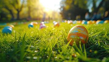 ai generado vistoso Pascua de Resurrección huevos anidado en iluminado por el sol césped foto