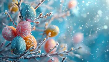 AI generated Colorful Easter eggs adorn frozen branches amidst falling snowflakes photo