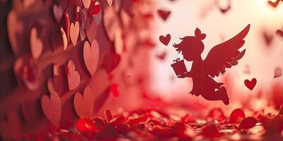 AI generated valentine's day background with paper hearts and angels. photo