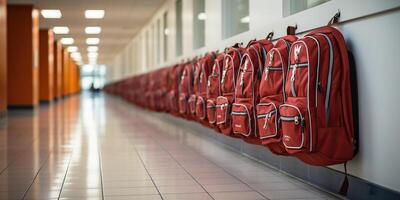 ai generado fila de rojo colegio mochilas en el corredor de el escuela. foto