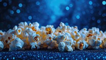 AI generated Popcorn on blue background with bokeh lights. Cinema concept photo