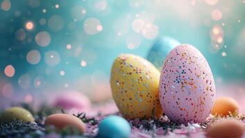 AI generated Colorful easter eggs on bokeh background with copy space photo