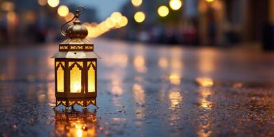 ai generado linterna en el ciudad a noche, Ramadán kareem concepto foto