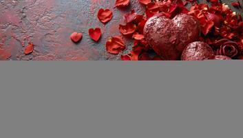AI generated Valentines day background with red hearts and rose petals. photo