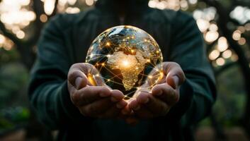 AI generated Globe with network connection in hands of man on nature background. photo