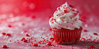AI generated Valentine's day cupcake with red hearts on red background photo