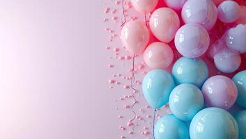 AI generated Colorful balloons on pink background with copy space for text. photo
