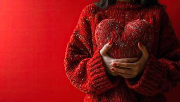 AI generated A woman in a red sweater holds a heart on a red background photo