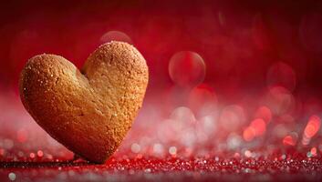 AI generated Heart shaped cookie on red bokeh background with copy space photo