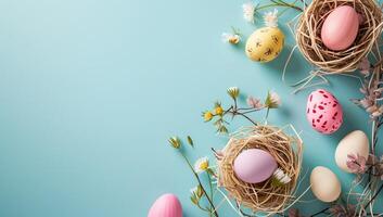AI generated Colorful Easter eggs in nests with spring flowers on a blue background photo