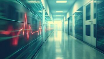 AI generated Glowing heartbeat line in a modern medical hallway photo