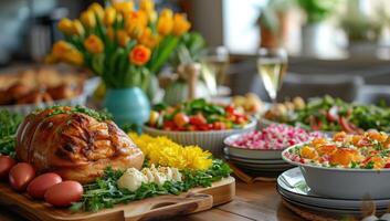 AI generated Festive meal spread with roasted chicken and assorted salads photo