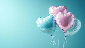 AI generated Heart shaped balloons on blue background with copy space for your text photo