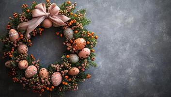 AI generated Easter wreath with eggs and berries on stone background photo