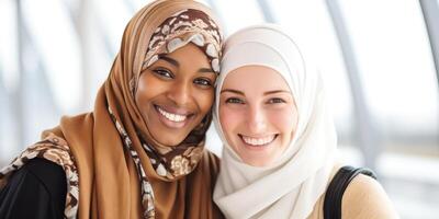 ai generado retrato de dos joven musulmán mujer en hijab sonriente a cámara foto