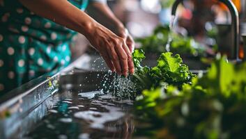 ai generado un mujer Lavado Fresco verde vegetales debajo corriendo agua en un lavabo foto