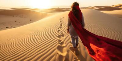 AI generated Beautiful woman in the desert with red scarf at sunset time. photo