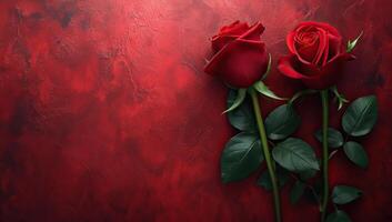 AI generated Red roses on red background with copy space. Valentines day background. photo