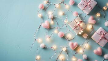 AI generated Valentine's day background with gift boxes, lights and hearts on pastel blue background photo