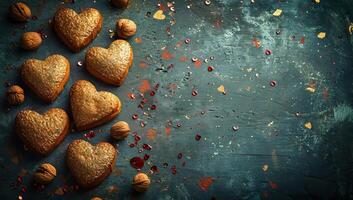 AI generated Heart shaped cookies with nuts on rustic background. Toned. photo