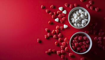 ai generado San Valentín día antecedentes. rojo y blanco corazón conformado golosinas en bochas en un rojo antecedentes. foto