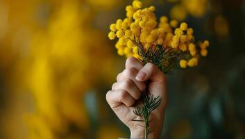 AI generated Woman hand holding mimosa flowers on blurred background photo