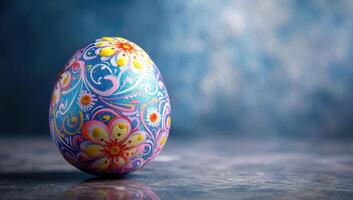 AI generated Colorful easter egg on blue background. Happy easter. photo