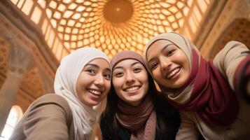 ai generado grupo de contento asiático musulmán mujer tomando selfie en el mezquita foto