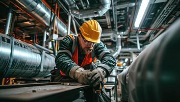 ai generado trabajador en la seguridad engranaje inspeccionando maquinaria en un industrial ajuste foto